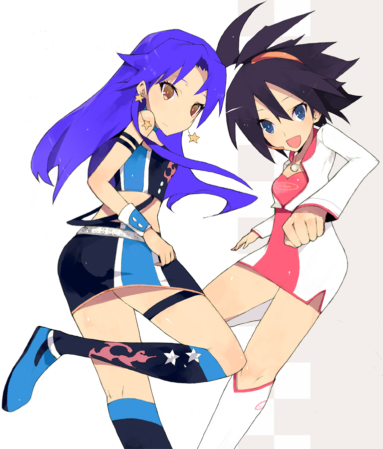 brws, kikuchi makoto, kisaragi chihaya, idolmaster, idolmaster (classic), idolmaster 1, bad id, bad pixiv id, 00s, 2girls, :d, antenna hair, blue eyes, blue hair, boots, breasts, collarbone, cool & sexy (idolmaster), dress, hairband, knee boots, long sleeves, looking at viewer, looking back, multiple girls, open mouth, shirt, small breasts, smile, t-shirt, thigh strap, thighhighs, white dress, wristband, zettai ryouiki
