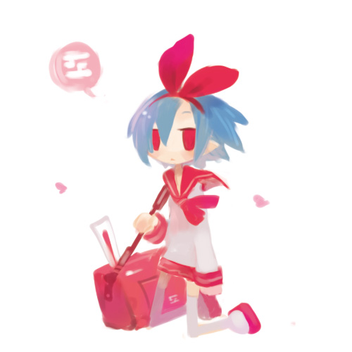 harada takehito, pleinair, usagi-san, lowres, bag, blue hair, pointy ears, rabbit, red eyes, ribbon, solo, stuffed animal, stuffed toy, thighhighs