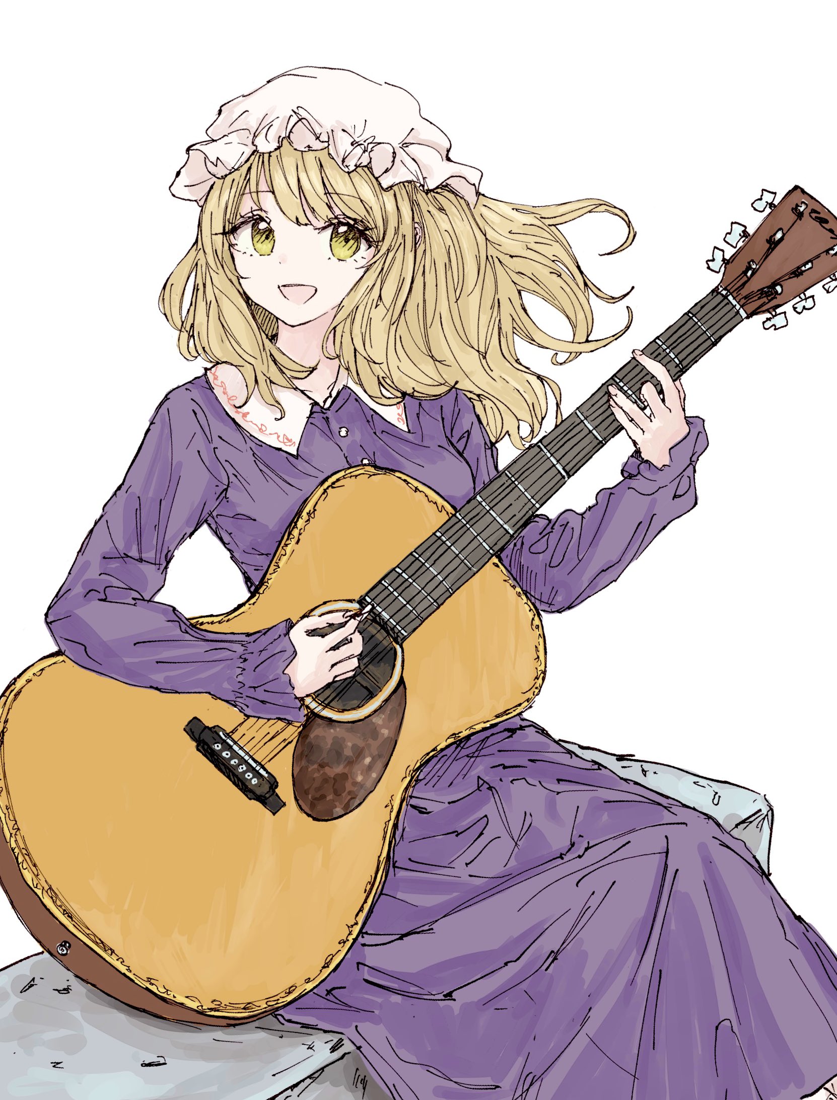 kashiwada kiiho, maribel hearn, touhou, highres, 1girl, acoustic guitar, blonde hair, collarbone, collared dress, dress, guitar, hat, instrument, long hair, long sleeves, mob cap, music, open mouth, playing guitar, playing instrument, purple dress, sitting, smile, solo, white background, yellow eyes