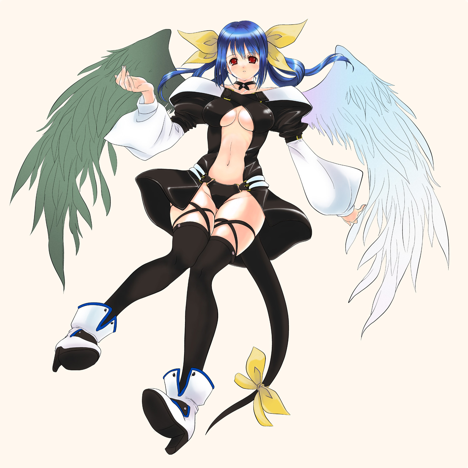 mikazukimo, dizzy (guilty gear), arc system works, guilty gear, bad id, bad pixiv id, highres, 1girl, asymmetrical wings, blue hair, breasts, female focus, large breasts, legs, midriff, red eyes, ribbon, solo, tail, tail ornament, tail ribbon, thighhighs, underboob, wings