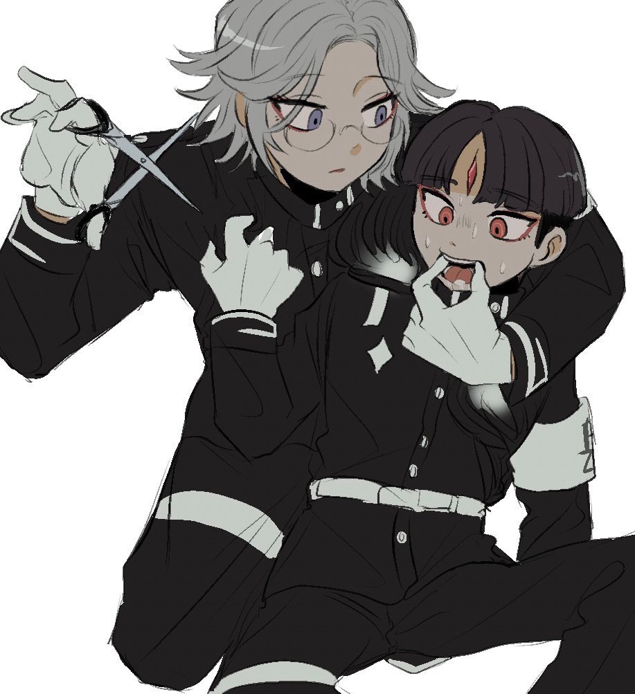 nana (7starssovereign), aotsuki eito, maruko gaku, the hundred line -last defense academy-, commentary, english commentary, 2boys, armband, black hair, black jacket, black pants, clothes grab, eyeliner, facial mark, finger in another's mouth, forehead mark, gakuran, glasses, gloves, grey hair, hand up, hands up, holding, holding scissors, jacket, kneeling, last defense academy school uniform, looking at another, makeup, male focus, multiple boys, nervous sweating, pants, parted lips, purple eyes, red eyeliner, red eyes, school uniform, scissors, short hair, simple background, sitting, sweat, white armband, white background, white gloves
