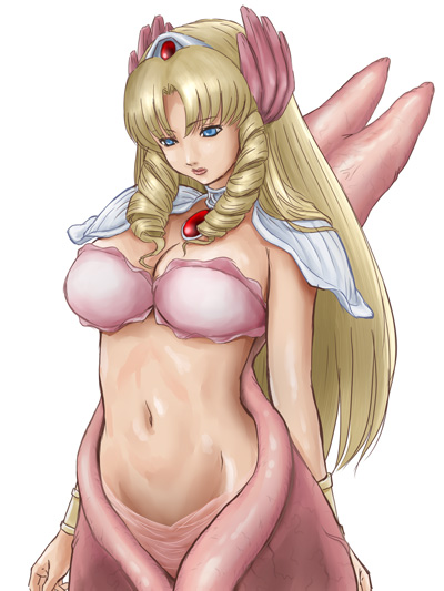 bucho, 1girl, armlet, blonde hair, blue eyes, breasts, drill hair, female focus, jewelry, large breasts, long hair, navel, pendant, simple background, solo, twin drills, twintails