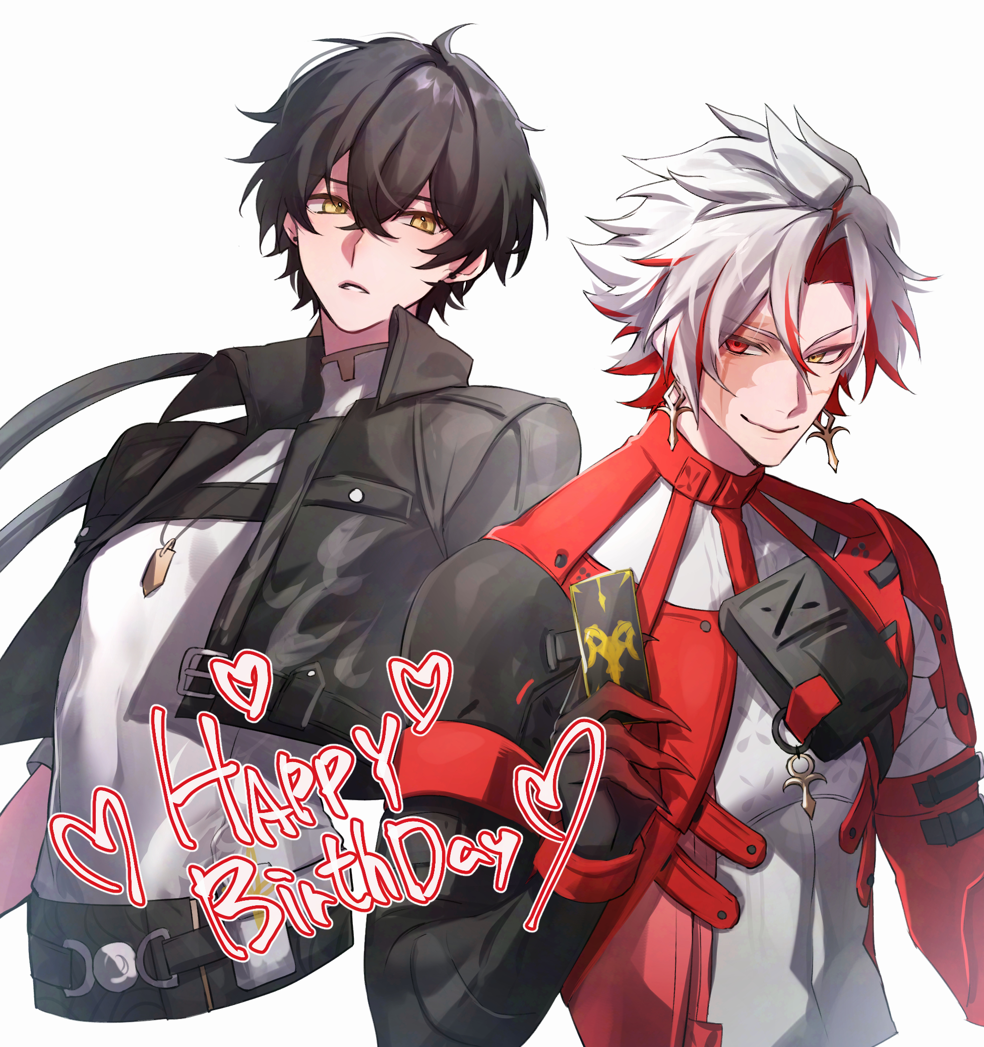 konsai 2, male rover (wuthering waves), rover (wuthering waves), scar (wuthering waves), wuthering waves, commentary request, highres, black hair, black jacket, closed mouth, colored inner hair, cross, cross earrings, earrings, hair between eyes, happy birthday, heterochromia, jacket, jewelry, male focus, multicolored hair, necklace, red eyes, red hair, scar, scar across eye, scar on face, short hair, simple background, smile, two-tone hair, white background, white hair, yellow eyes