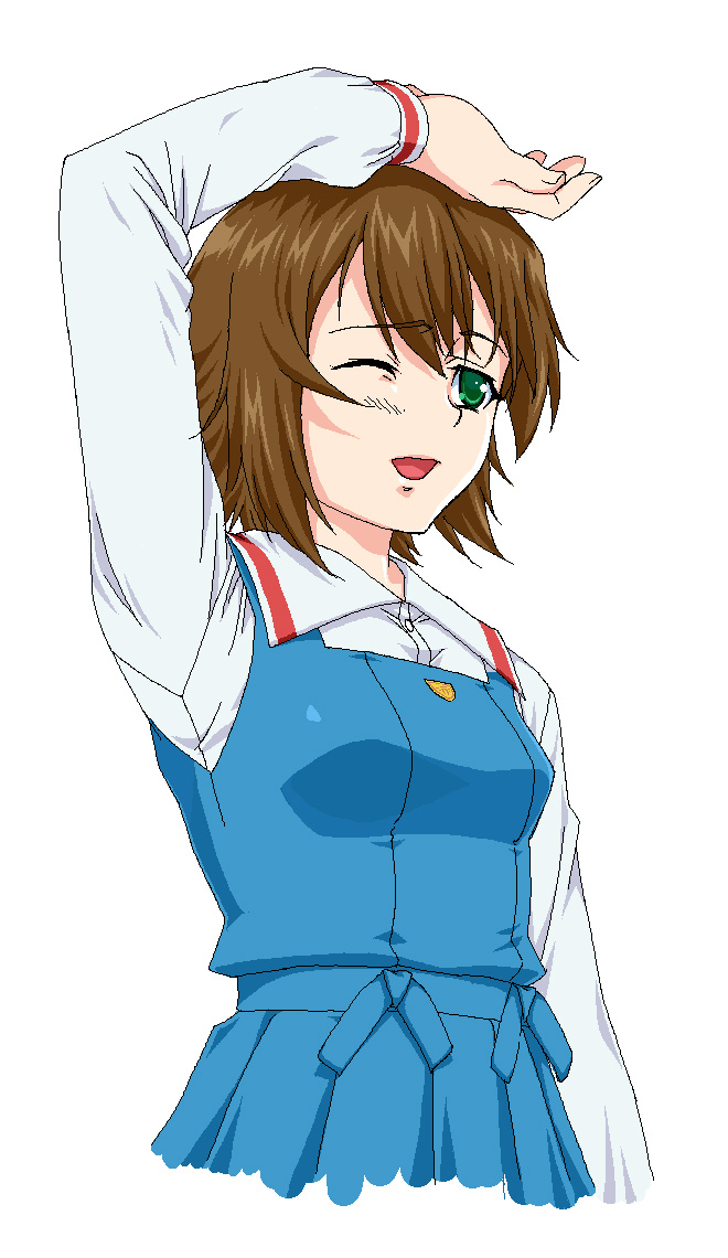 shichimenchou, isurugi noe, true tears, 00s, 1girl, ;o, blue dress, brown hair, collar, dress, female focus, green eyes, long sleeves, one eye closed, open mouth, school uniform, serafuku, shirt, simple background, solo, upper body, white background, white shirt