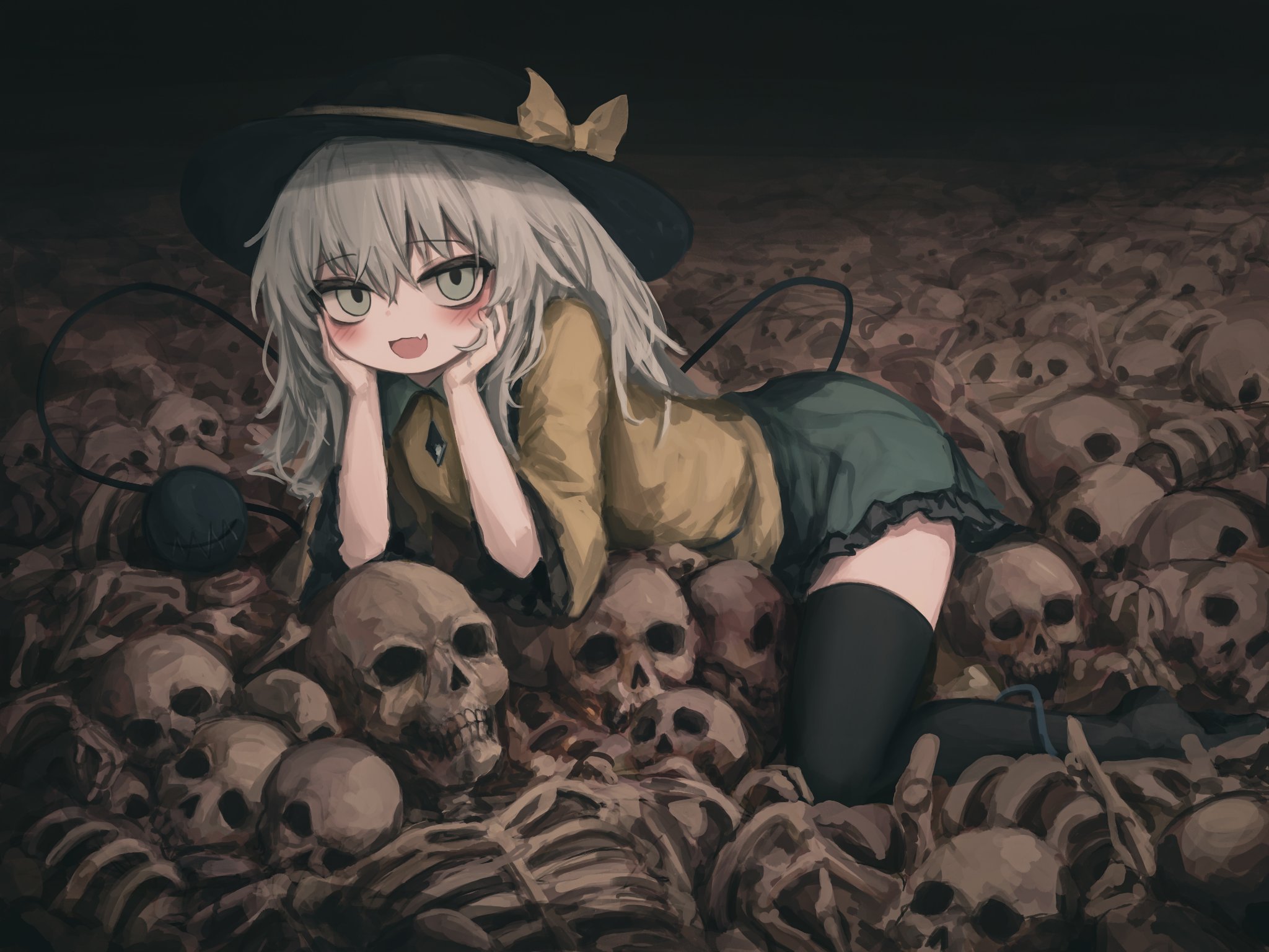 reverinth, komeiji koishi, touhou, highres, 1girl, :d, black hat, black thighhighs, blouse, blush, bone, bow, buttons, diamond button, frilled skirt, frilled sleeves, frills, full body, green skirt, grey hair, hands on own cheeks, hands on own face, hat, hat bow, hat ribbon, heart, heart of string, looking at viewer, lying, no shoes, on stomach, open mouth, pile of skeletons, pile of skulls, ribbon, shirt, skeleton, skirt, smile, solo, thighhighs, third eye, too many, yellow bow, yellow ribbon, yellow shirt, zettai ryouiki