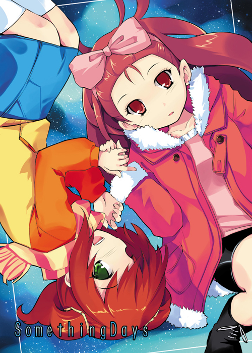 takatsuki tsukasa, minase iori, takatsuki yayoi, idolmaster, idolmaster (classic), idolmaster 1, white legwear, 00s, 2girls, :d, blue skirt, blush, bow, hair bow, holding hands, jacket, kneehighs, long hair, long sleeves, looking at viewer, miniskirt, multiple girls, open clothes, open jacket, open mouth, pink bow, red eyes, red hair, skirt, sleeve cuffs, smile, socks, tareme, thighhighs, twintails, very long hair, zettai ryouiki