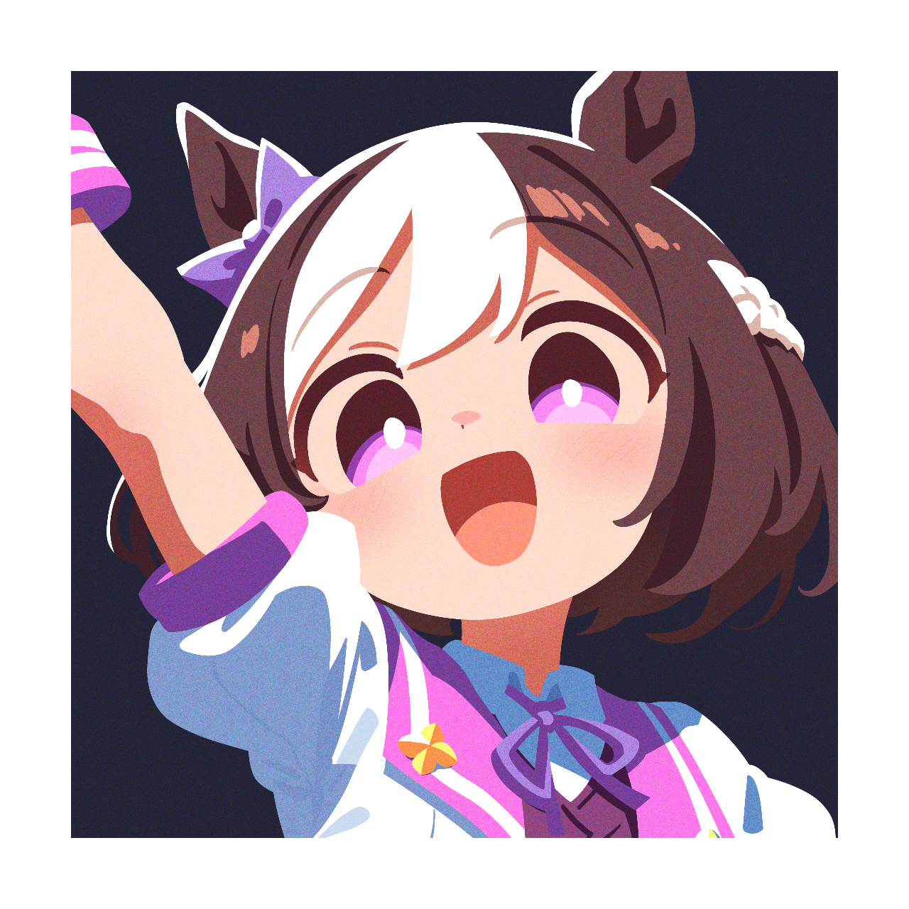 special week (umamusume), umamusume, highres, 1girl, :d, animal ears, arm up, border, bow, brown hair, ear bow, horse ears, horse girl, looking at viewer, multicolored hair, neck ribbon, no lineart, open mouth, puffy short sleeves, puffy sleeves, purple bow, purple eyes, purple ribbon, ribbon, short hair, short sleeves, smile, solo, special week (racing) (umamusume), two-tone hair, waonaolmao, white border, white hair