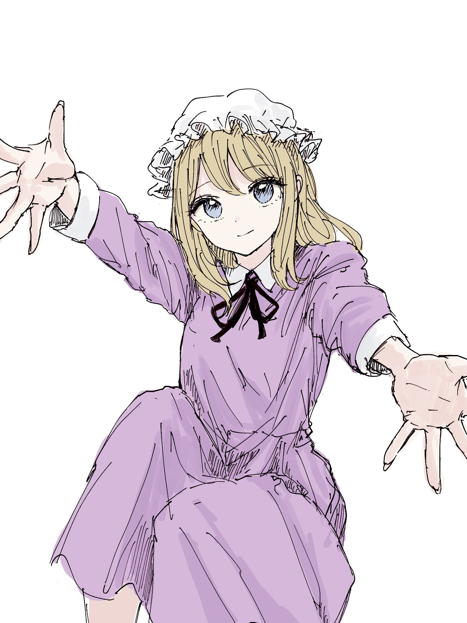 kashiwada kiiho, maribel hearn, touhou, highres, 1girl, blonde hair, blue eyes, closed mouth, collared dress, dress, hat, light smile, long hair, long sleeves, mob cap, purple dress, reaching, reaching towards viewer, sitting, solo, white background