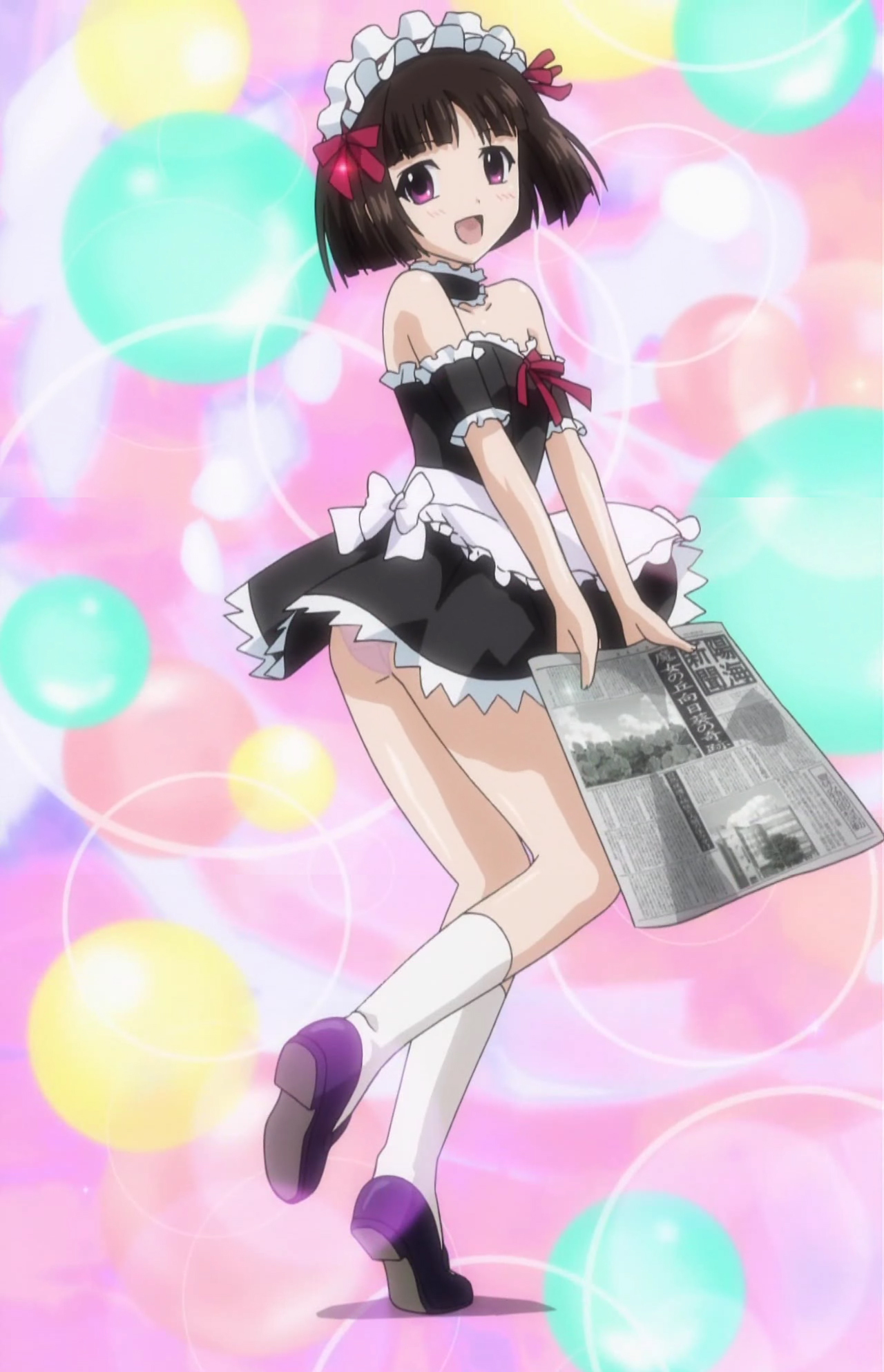 sendou yukari, rosario+vampire, anime screenshot, highres, stitched, third-party edit, 00s, 1girl, bob cut, bow, brown hair, female focus, hairband, maid, panties, pink eyes, pink panties, short hair, solo, underwear