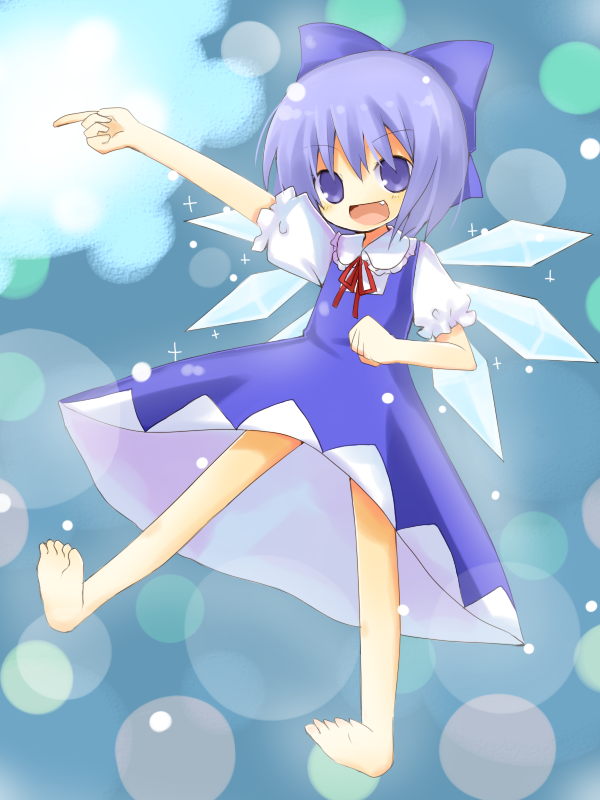 yuzuki (yuduame), cirno, embodiment of scarlet devil, touhou, 1girl, bad anatomy, bad feet, barefoot, bow, feet, female focus, poorly drawn, smile, solo