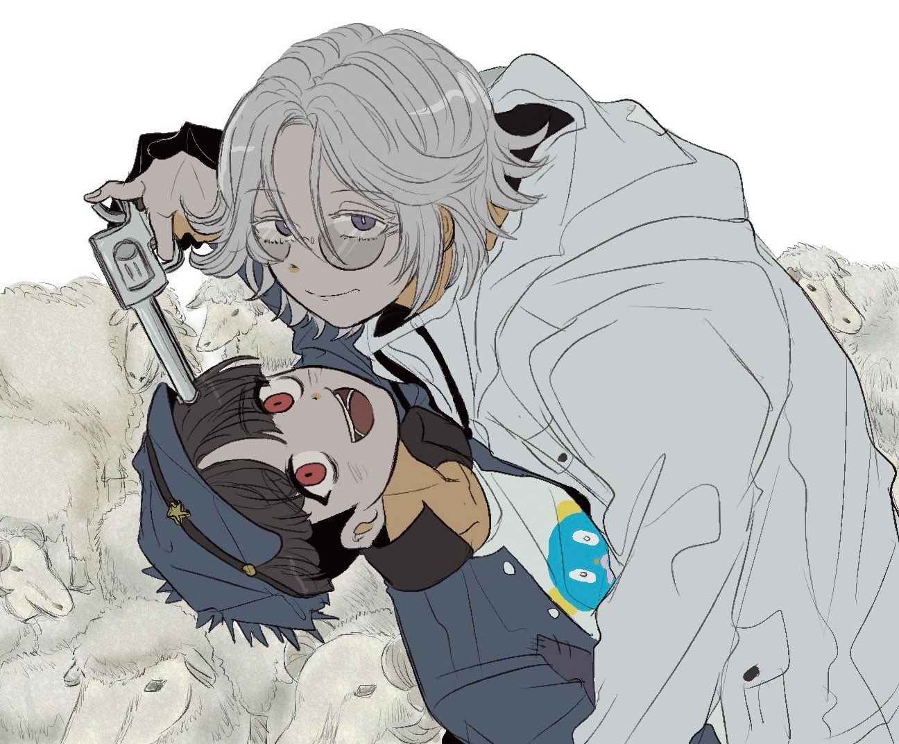 nana (7starssovereign), aotsuki eito, maruko gaku, the hundred line -last defense academy-, assisted suicide, commentary, english commentary, 2boys, :d, aiming, black gloves, black hair, blue hat, blue jacket, bright pupils, finger on trigger, glasses, gloves, grey hair, gun, handgun, hat, holding, holding gun, holding hands, holding weapon, imminent suicide, jacket, looking at viewer, male focus, multiple boys, open mouth, patchwork clothes, pocket, print shirt, purple eyes, red eyes, sheep, shirt, short hair, smile, upper body, weapon, white background, white jacket, white pupils, white shirt