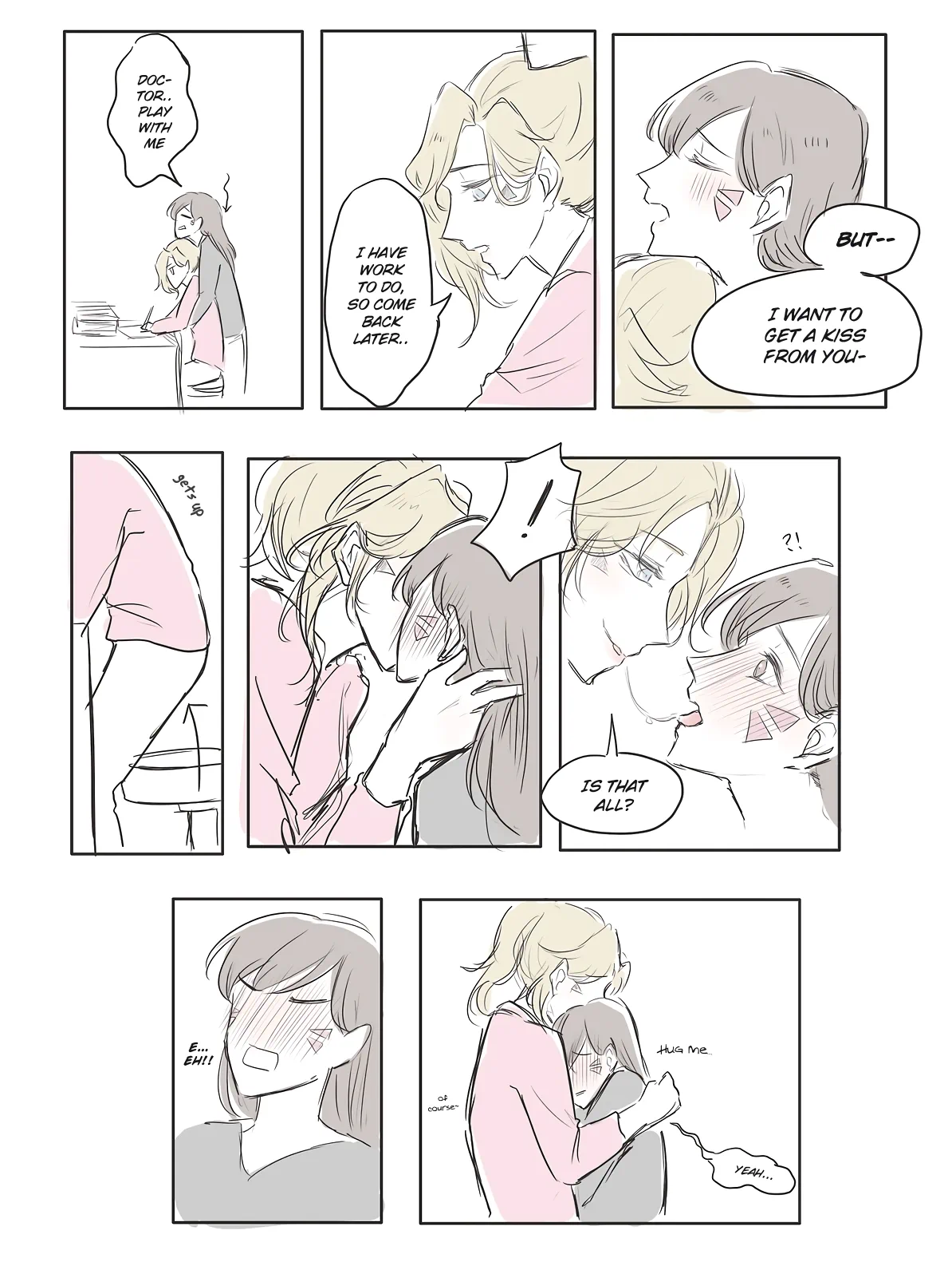 d.va (overwatch), mercy (overwatch), overwatch, overwatch 1, !, 2girls, blonde hair, blush, brown hair, comforting, comic, embarrassed, english text, facial mark, french kiss, hug, hug from behind, kiss, multiple girls, pink shirt, ponytail, saliva, saliva trail, servadakin, shirt, tongue, tongue out