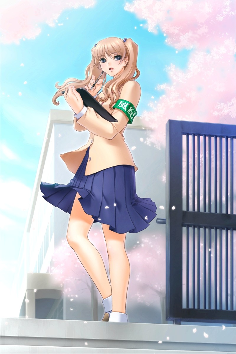 sano toshihide, ayanojou reiko, g.j?, queen bonjourno, game cg, highres, 1girl, blue eyes, brown hair, female focus, school uniform, serafuku, sky, solo, twintails