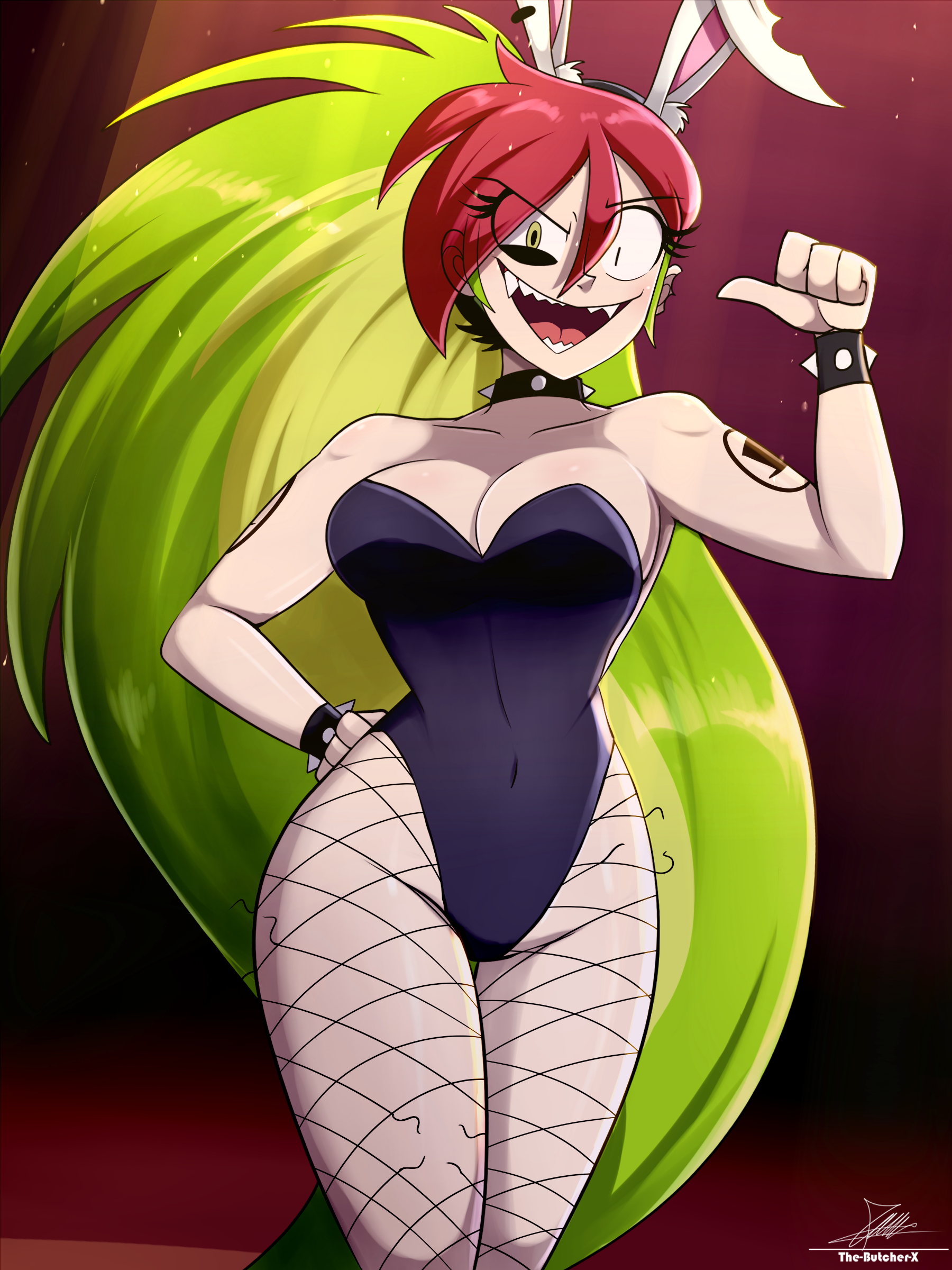 the-butch-x, demencia, villainous, breasts, cleavage, leotard, long hair, multicolored hair, playboy bunny