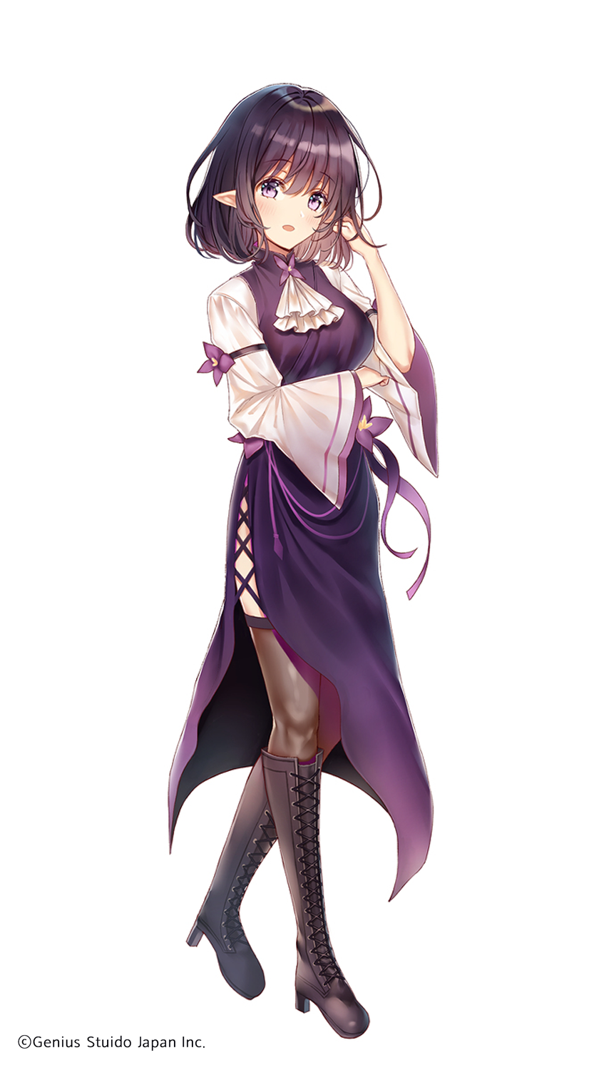 lium, commentary request, highres, official art, revision, 1girl, ascot, black boots, black hair, black thighhighs, boots, copyright notice, dress, full body, hand in own hair, knee boots, long dress, long sleeves, looking at viewer, my elf girlfriend, open mouth, pinafore dress, pointy ears, purple dress, purple eyes, shirt, short hair, side slit, simple background, sleeveless, sleeveless dress, solo, thighhighs, white ascot, white background, white shirt, wide sleeves