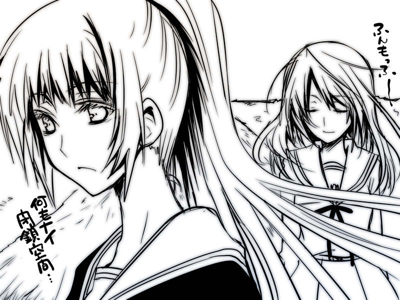 yukian, koizumi itsuki, koizumi itsuki (female), kyon, kyonko, suzumiya haruhi no yuuutsu, bad id, bad pixiv id, 00s, 2girls, genderswap, genderswap (mtf), greyscale, monochrome, multiple girls, ponytail, school uniform, serafuku
