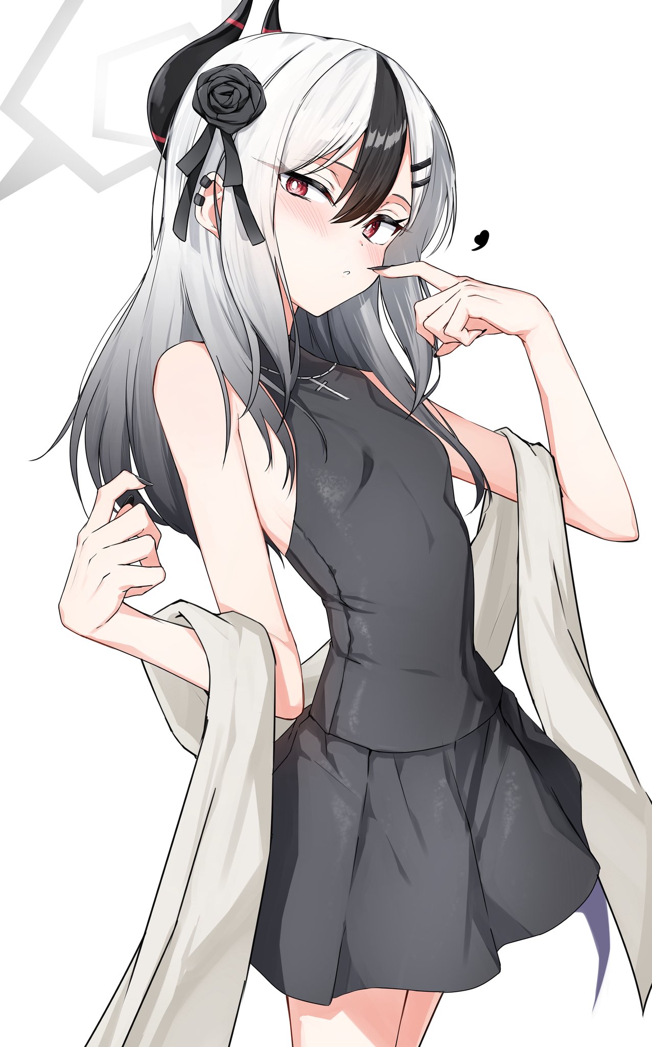 isocha, kayoko (blue archive), blue archive, commentary, highres, 1girl, bare shoulders, black dress, black hair, black horns, black nails, breasts, bright pupils, cowboy, cross, cross necklace, demon horns, dress, earclip, fingernails, flower, flower ornament, gradient hair, grey halo, hair between eyes, hair flower, hair ornament, hairclip, halo, horns, jewelry, light blush, long hair, looking at viewer, multicolored hair, necklace, official alternate costume, parted lips, pointing, pointing at self, red eyes, sideways glance, simple background, sleeveless, sleeveless dress, small breasts, solo, two-tone hair, western, white background, white hair, white pupils
