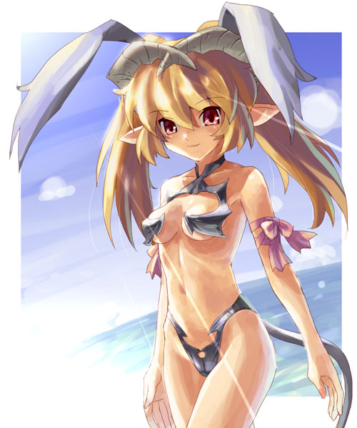 katahira masashi, original, 1girl, animal ears, bikini, blonde hair, bow, breasts, cleavage, cowboy shot, day, demon girl, female focus, horns, medium breasts, ocean, outdoors, pointy ears, rabbit ears, red eyes, ribbon, solo, swimsuit, tail, twintails