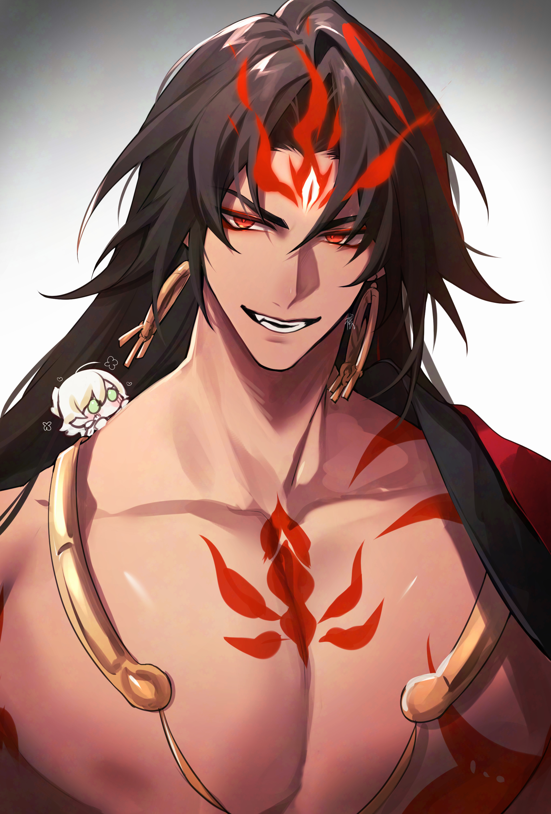 konsai 2, asura (onmyoji), taishakuten (onmyoji), onmyoji, absurdres, commentary request, highres, 2boys, black hair, blonde hair, chest tattoo, chibi, collarbone, earrings, facial mark, green eyes, grin, jewelry, long hair, looking at another, looking at viewer, male focus, multicolored hair, multiple boys, nipples, pectorals, red eyes, short hair, smile, solo focus, tattoo, two-tone hair, upper body