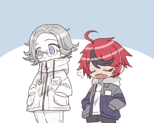 chiyo408, aotsuki eito, sumino takumi, the hundred line -last defense academy-, commentary request, lowres, 2boys, ahoge, black hair, blue eyes, blue jacket, closed eyes, closed mouth, drawstring, expressionless, eyelashes, glasses, grey hair, grey jacket, hands in pockets, height difference, high collar, hood, hood down, hoodie, jacket, jacket over hoodie, long sleeves, male focus, multicolored hair, multicolored jacket, multiple boys, open clothes, open jacket, open mouth, pants, pocket, red hair, semi-rimless eyewear, short hair, streaked hair, tareme, tearing up, two-tone hair, two-tone jacket, white hoodie, white jacket, white pants, yawning, zipper pull tab