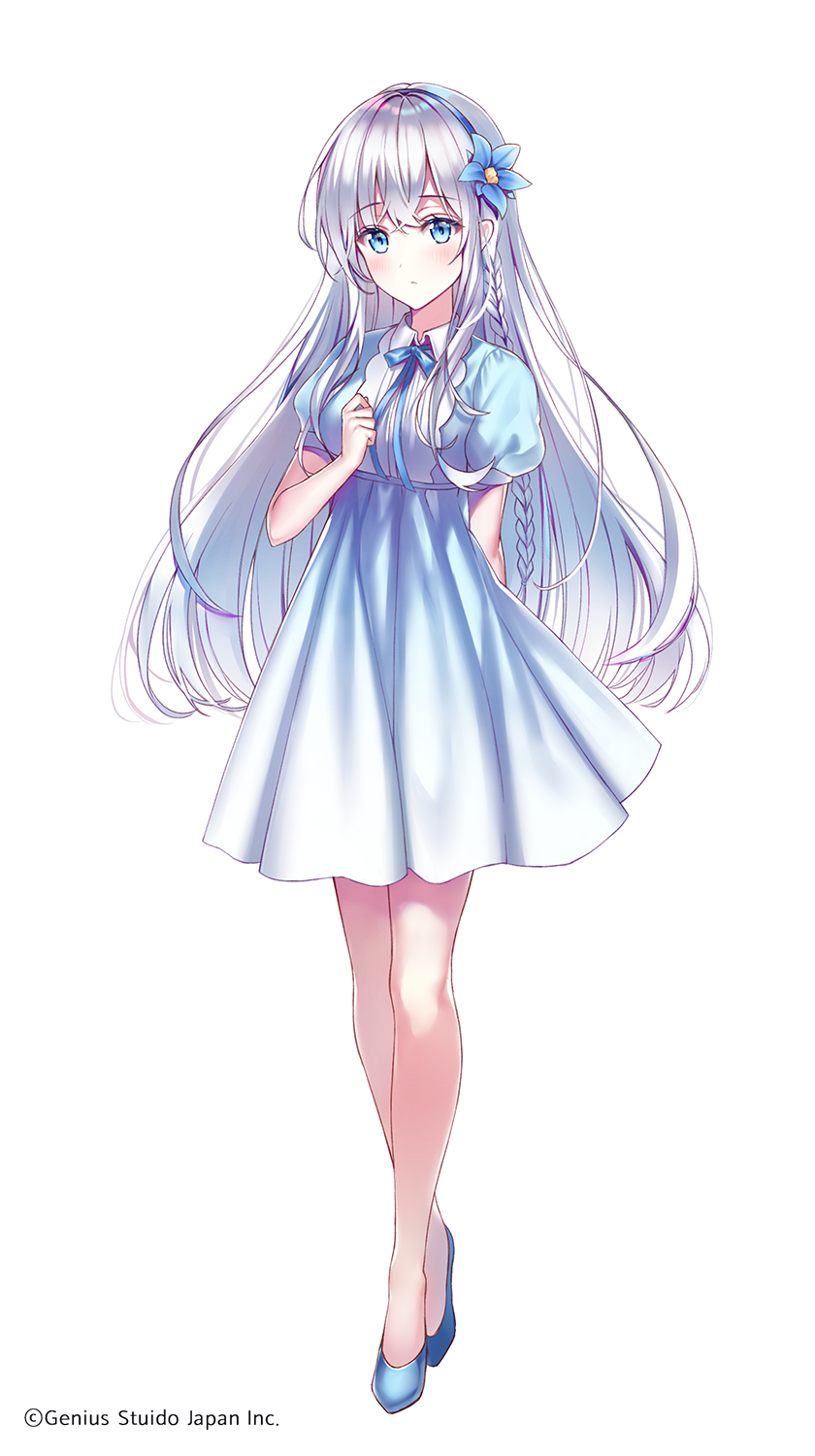 lium, commentary request, highres, 1girl, arm behind back, black skirt, blue eyes, blue flower, blue hairband, blue shirt, blue shoes, collared shirt, copyright notice, dress shirt, floating hair, flower, full body, grey hair, hair between eyes, hair flower, hair ornament, hairband, high-waist skirt, high heels, long hair, looking at viewer, miniskirt, my elf girlfriend, pleated skirt, pumps, shirt, shoes, short sleeves, simple background, skirt, solo, standing, very long hair, white background, wing collar