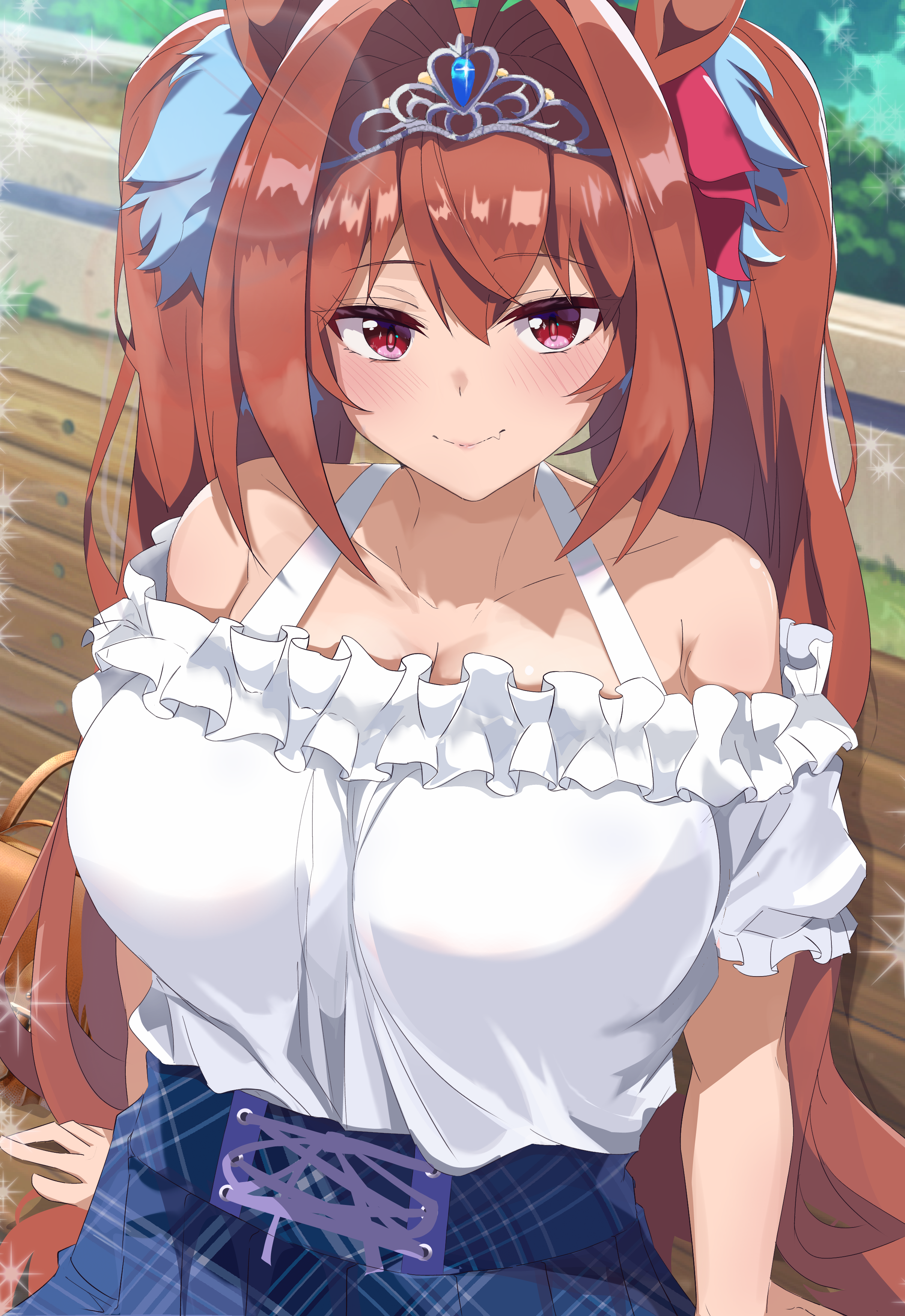 ekazawa sdvx, daiwa scarlet (umamusume), umamusume, absurdres, highres, 1girl, animal ears, bare shoulders, blue skirt, blush, breasts, brown hair, cleavage, closed mouth, crown, frilled shirt, frills, hair between eyes, hair intakes, high-waist skirt, horse ears, horse girl, huge breasts, long hair, looking at viewer, off-shoulder shirt, off shoulder, red eyes, shirt, sidelocks, sitting, skirt, smile, solo, twintails, white shirt