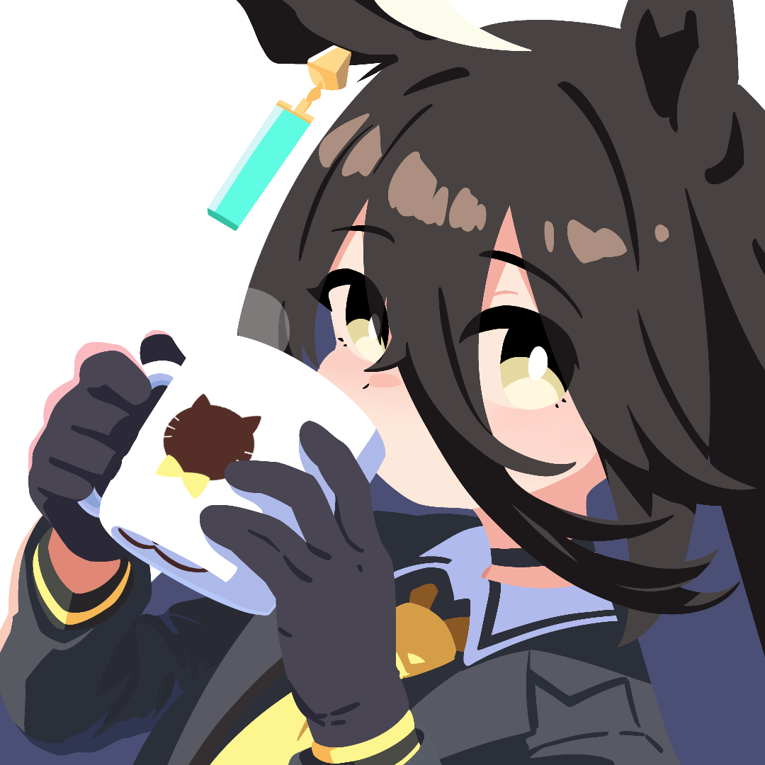 manhattan cafe (umamusume), umamusume, 1girl, animal ears, black gloves, black hair, black jacket, cup, drinking, ear ornament, gloves, hair between eyes, holding, holding cup, horse ears, horse girl, jacket, long bangs, long hair, looking at viewer, necktie, no lineart, solo, steam, transparent background, waonaolmao, yellow eyes, yellow necktie