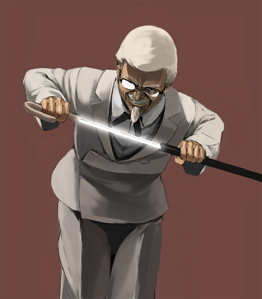 kuroko (piii), colonel sanders, kfc, 1boy, cane, concealed weapon, facial hair, formal clothes, glasses, grin, male focus, mustache, old, old man, piii, sheath, smile, solo, string tie, suit, sword, sword cane, unsheathing, weapon, white hair, you gonna get raped