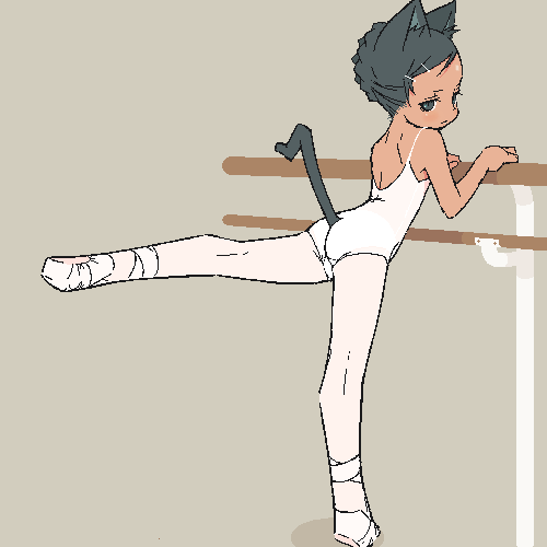 0123456789, original, lowres, 1girl, animal ears, athletic leotard, ballerina, ballet, ballet slippers, barre, cat ears, cat tail, dark skin, female focus, flat chest, footwear ribbon, leotard, loli, oekaki, pantyhose, solo, tail