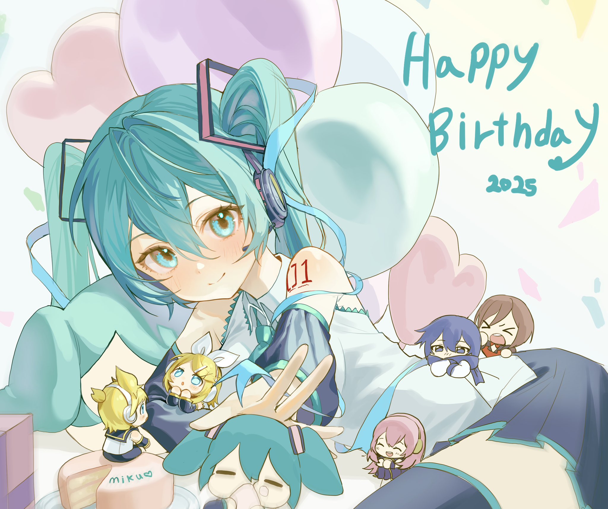 limu838, hatsune miku, kagamine len, kagamine rin, kaito (vocaloid), megurine luka, meiko (vocaloid), vocaloid, commentary, highres, symbol-only commentary, > <, 2025, 2boys, 5girls, :d, ^ ^, bare shoulders, black skirt, black sleeves, black thighhighs, blonde hair, blue eyes, blue hair, blue necktie, blush, brown hair, chibi, closed eyes, closed mouth, collared shirt, detached sleeves, double-parted bangs, dual persona, hair between eyes, happy birthday, headset, long hair, long sleeves, looking at viewer, mini person, miniboy, minigirl, miniskirt, multiple boys, multiple girls, necktie, number tattoo, open mouth, pink hair, pleated skirt, shirt, short hair, shoulder tattoo, skirt, sleeveless, sleeveless shirt, smile, tattoo, thighhighs, twintails
