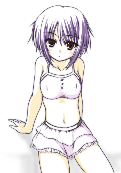 johnny (from scratch), nagato yuki, suzumiya haruhi no yuuutsu, light purple hair, 00s, 1girl, blush, brown eyes, camisole, covered erect nipples, crop top, female focus, flat chest, midriff, miniskirt, navel, orange eyes, short hair, sitting, skirt, solo, white hair