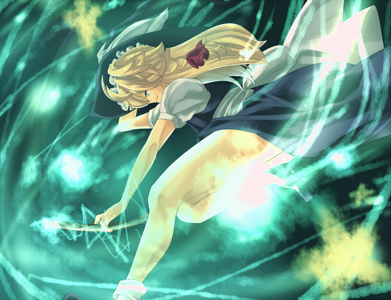 sio, sio (rough), kirisame marisa, touhou, 1girl, bare legs, blonde hair, blue dress, dress, female focus, from side, full body, long hair, looking at viewer, looking to the side, magic, profile, puffy short sleeves, puffy sleeves, short sleeves, solo, star (symbol), thighs, very long hair