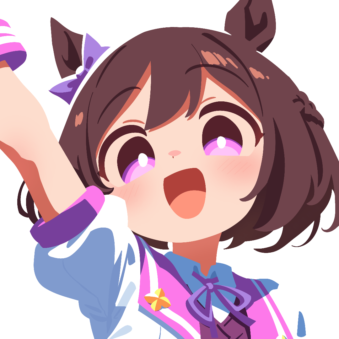 special week (umamusume), umamusume, 1girl, :d, alternate hair color, animal ears, arm up, bow, brown hair, ear bow, horse ears, horse girl, looking at viewer, multicolored hair, neck ribbon, no lineart, open mouth, puffy short sleeves, puffy sleeves, purple bow, purple eyes, purple ribbon, ribbon, short hair, short sleeves, simple background, smile, solo, special week (racing) (umamusume), transparent background, waonaolmao