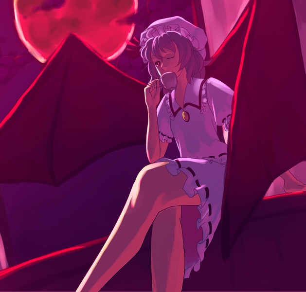 sio, sio (rough), remilia scarlet, touhou, 1girl, female focus, gradient background, hat, outdoors, sky, solo, tea, wings