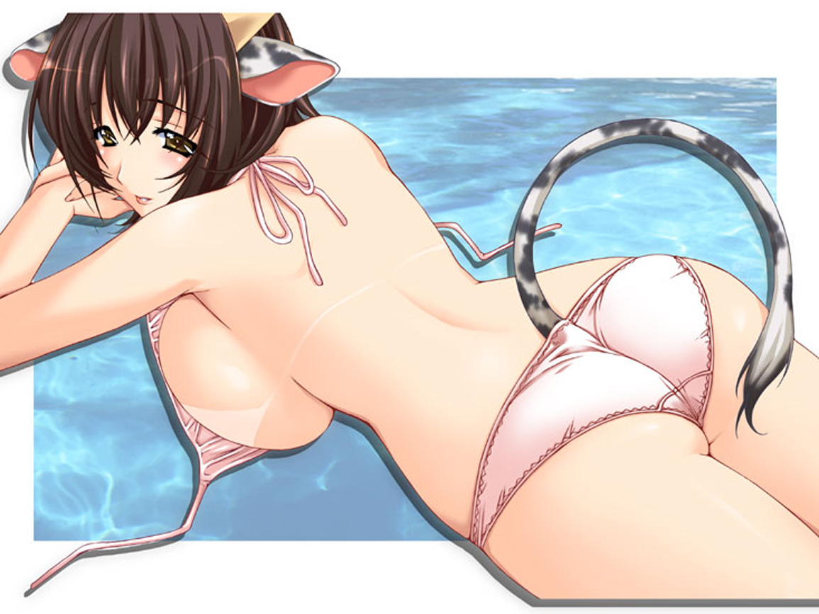 1girl, animal ears, breasts, brown hair, cow, female focus, huge breasts, panties, solo, swimsuit, tail, underwear, white background