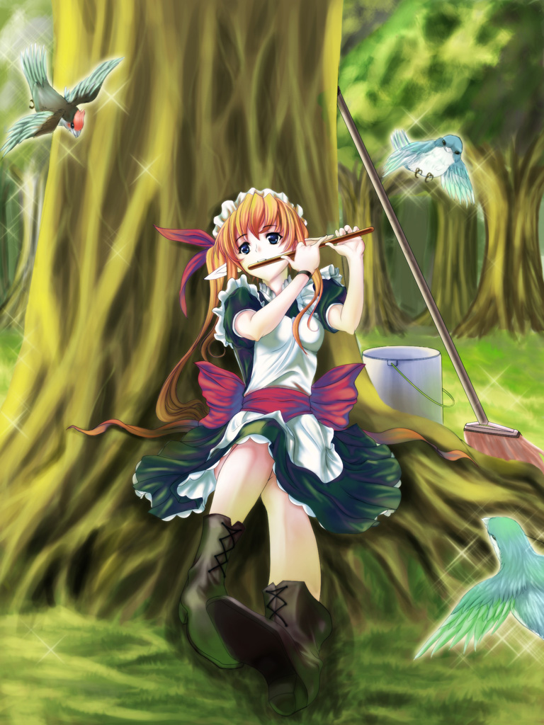 st.microscope, original, blue eyes, brown hair, flute, instrument, maid, mop, pointy ears, solo