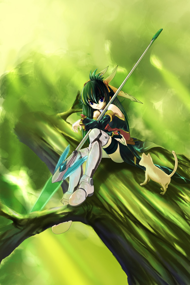st.microscope, original, bad id, bad pixiv id, 1girl, armor, armored boots, bare shoulders, blue eyes, boots, cat, detached sleeves, dress, female focus, green hair, hair between eyes, lance, looking at viewer, outdoors, polearm, sitting, sleeveless, sleeveless dress, solo, spear, thighhighs, weapon