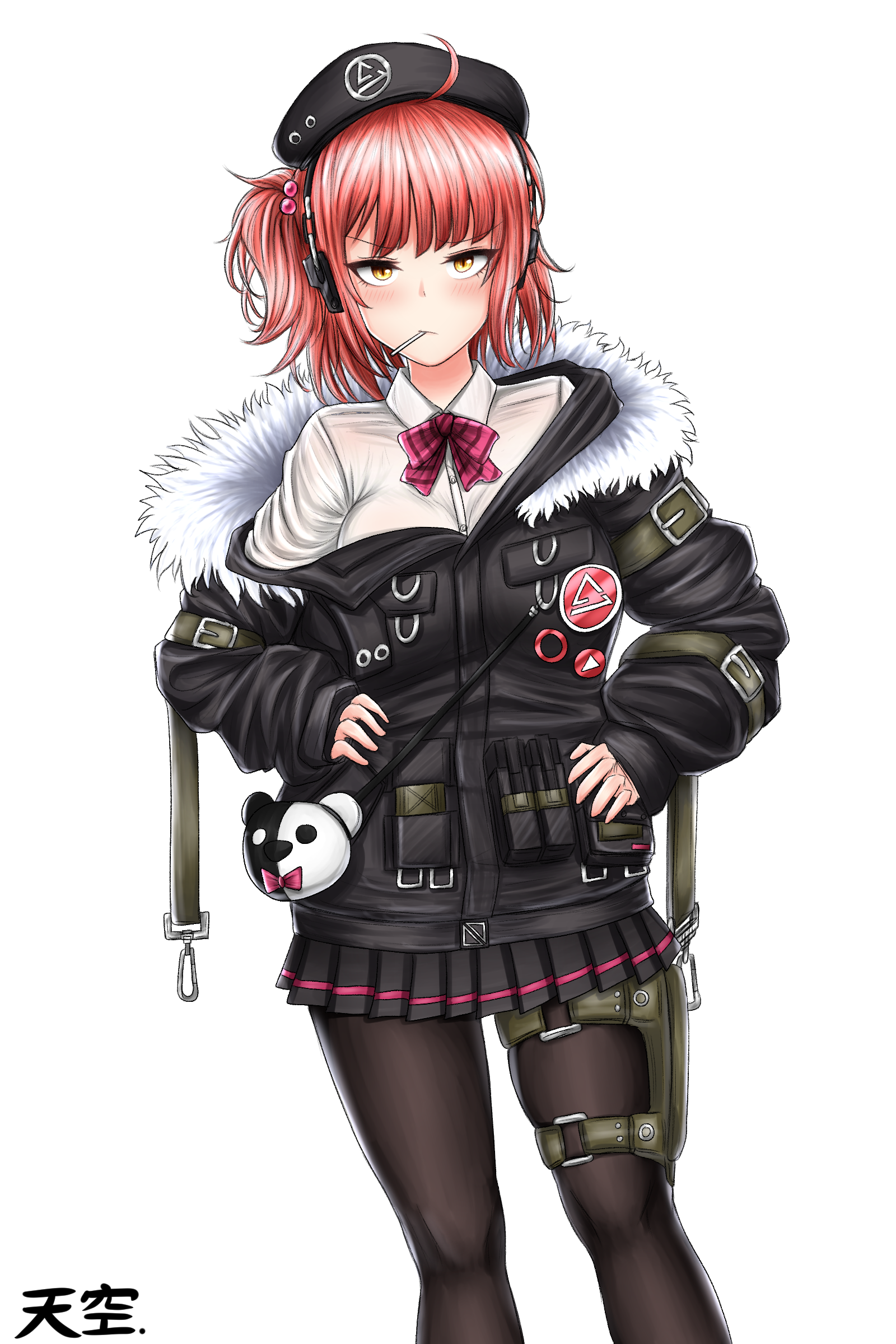 28 (282teeth), mp7 (girls' frontline), girls' frontline, absurdres, bad id, bad pixiv id, highres, 1girl, ahoge, beret, black pantyhose, black skirt, blush, breasts, collared shirt, cowboy shot, dress shirt, hat, lollipop in mouth, looking at viewer, medium breasts, neck ribbon, off shoulder, pantyhose, pink ribbon, pleated skirt, red hair, ribbon, shirt, side ponytail, skindentation, skirt, solo, thigh strap, white shirt, yellow eyes
