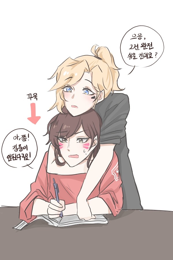 d.va (overwatch), mercy (overwatch), overwatch, overwatch 1, 2girls, black shirt, blonde hair, brown hair, desk, facial mark, hug, hug from behind, korean text, multiple girls, pen, pink shirt, ponytail, red shirt, servadakin, shirt, sweat, sweatdrop, writing