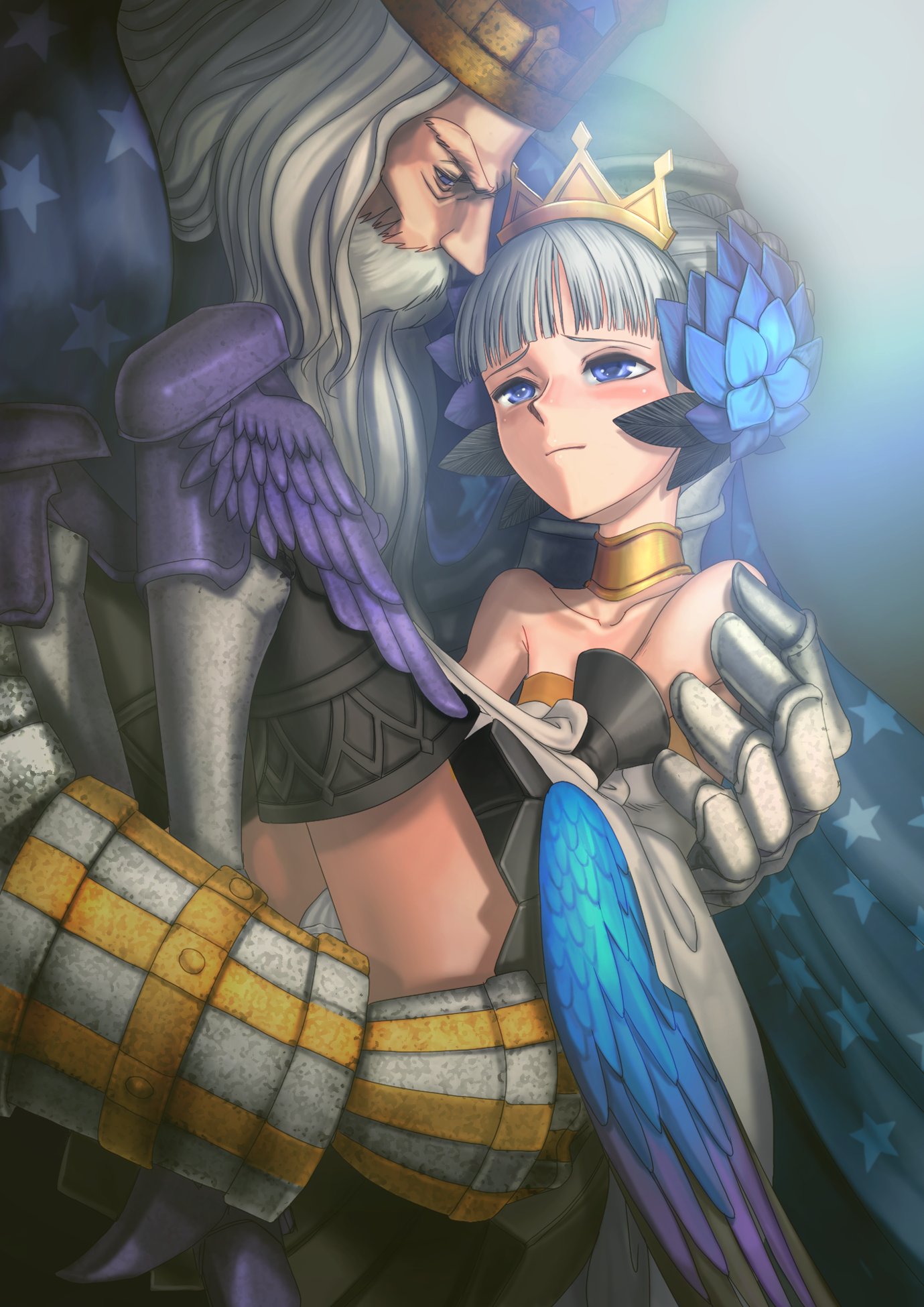 youkai ankake, gwendolyn (odin sphere), odin, odin (odin sphere), odin sphere, highres, 1boy, 1girl, armor, armored dress, blue eyes, blush, boots, choker, crown, dress, elbow gloves, father and daughter, gloves, hat, multicolored wings, panties, size difference, strapless, strapless dress, thigh boots, thighhighs, underwear, white hair, wings