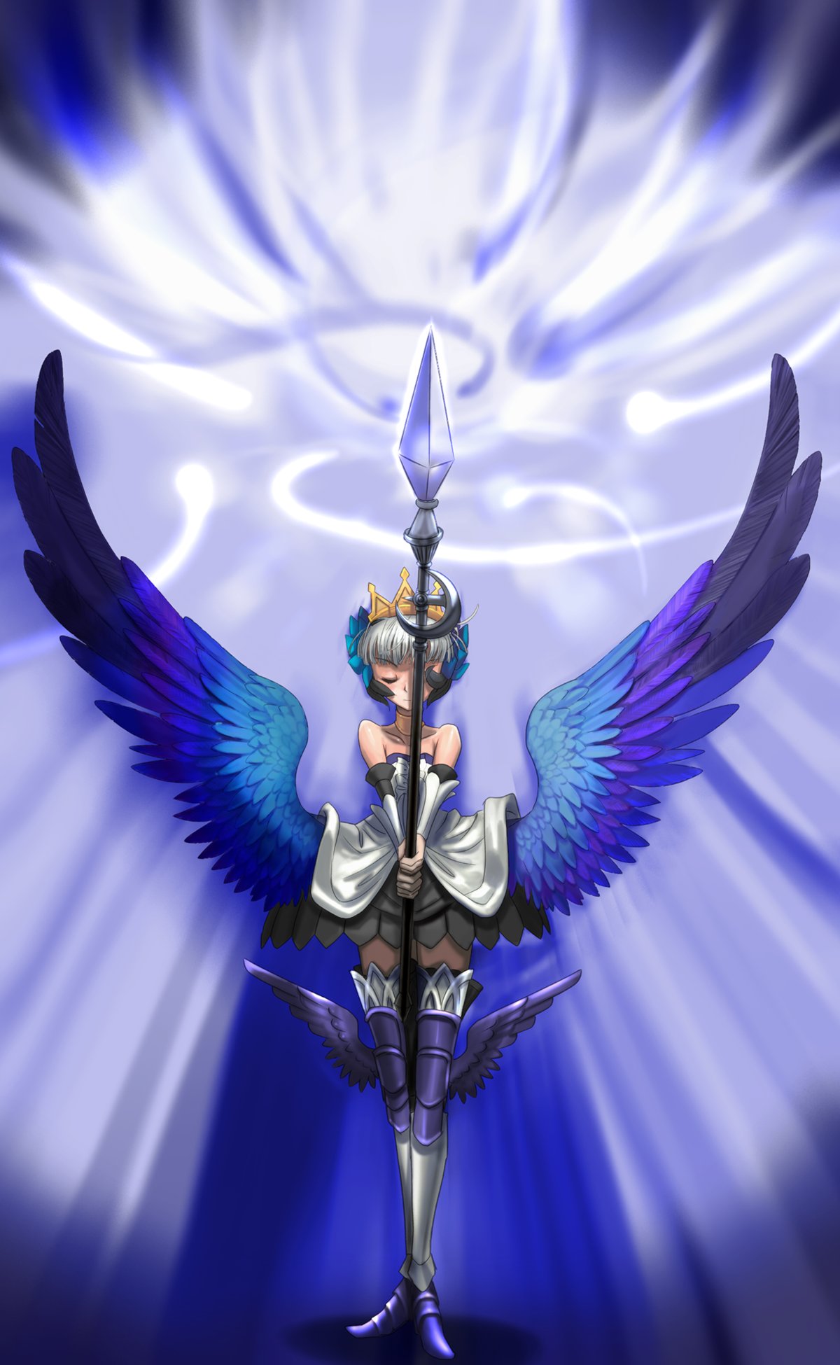 youkai ankake, gwendolyn (odin sphere), odin sphere, highres, 1girl, armor, armored dress, blue background, boots, choker, crown, dress, elbow gloves, female focus, gloves, hat, head wings, leg wings, low wings, multicolored wings, polearm, pteruges, solo, spear, strapless, strapless dress, thigh boots, thighhighs, weapon, white hair, wings