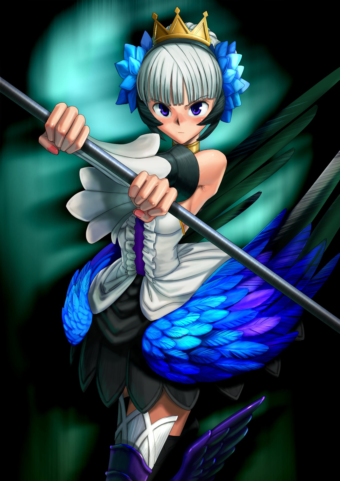 youkai ankake, gwendolyn (odin sphere), odin sphere, highres, 1girl, aqua background, armor, armored dress, blush, boots, choker, crown, dress, elbow gloves, female focus, gloves, hat, polearm, pteruges, solo, strapless, strapless dress, thigh boots, thighhighs, weapon, white hair, wings