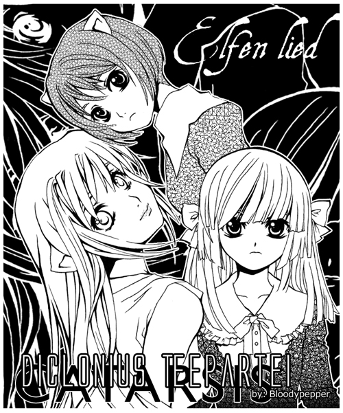 kaede (character), lucy (elfen lied), mariko (elfen lied), nana (elfen lied), elfen lied, 00s, 3girls, buttons, closed mouth, collar, collarbone, dress, expressionless, from behind, greyscale, head tilt, horns, long sleeves, looking at viewer, looking back, monochrome, multiple girls, smile, upper body