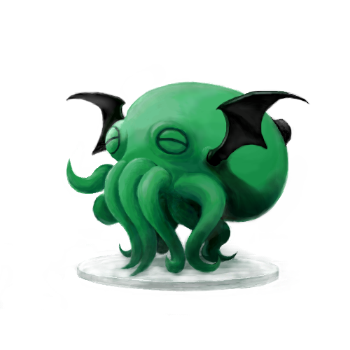cthulhu, cthulhu mythos, minimized, lowres, bat wings, chibi, faux figurine, figure stage, green theme, monochrome, monster, no humans, oekaki, simple background, sleeping, tentacles, white background, wings