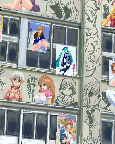 hatsune miku, vocaloid, lowres, building, cameo, graffiti, no humans, oekaki