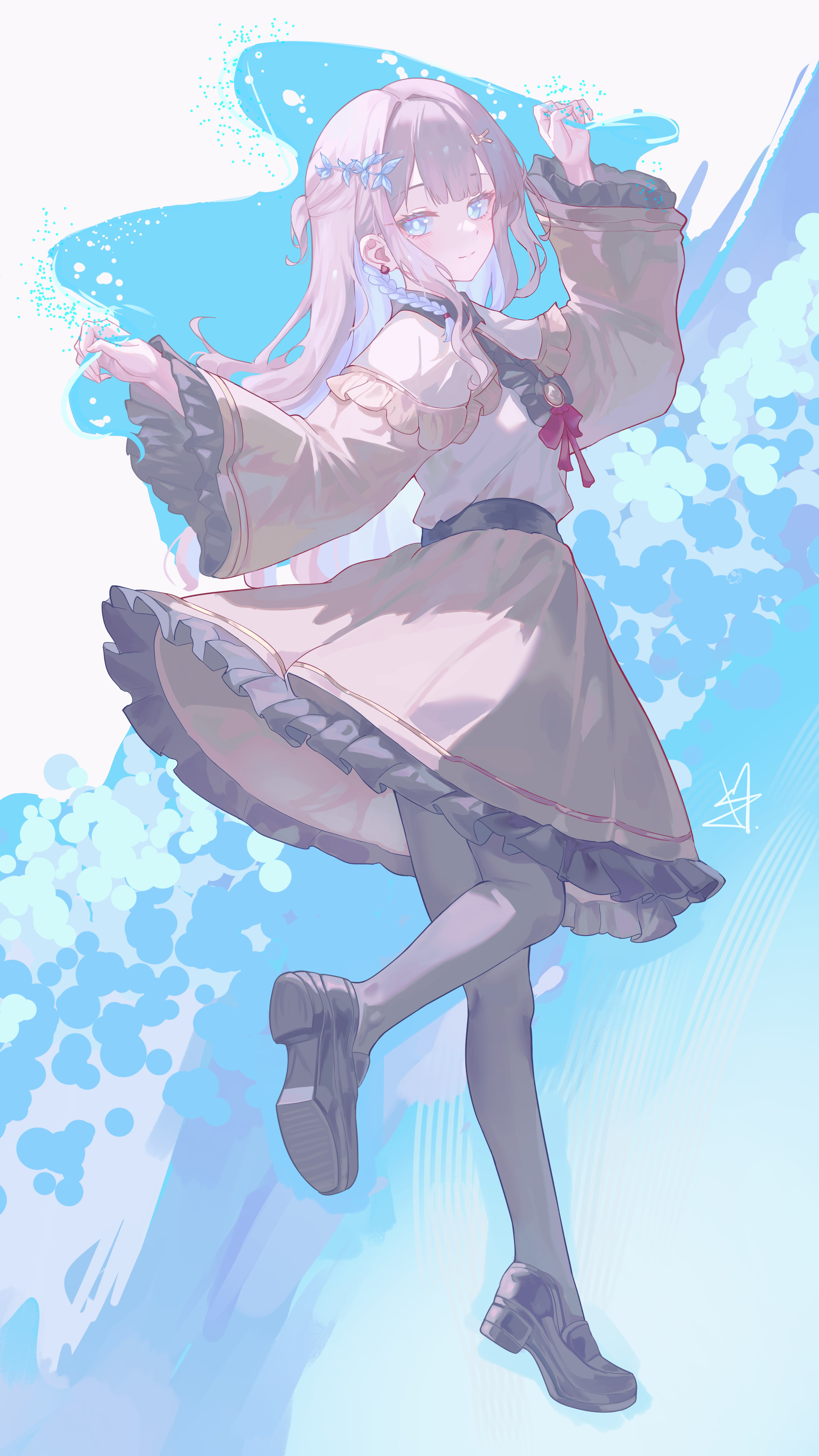 synzmayu, original, absurdres, commentary request, highres, 1girl, arm up, black shoes, blue background, blue eyes, blush, closed mouth, dress, frilled dress, frilled sleeves, frills, full body, grey hair, hand up, long hair, long sleeves, looking at viewer, pantyhose, shoes, smile, solo, standing, standing on one leg, white dress, white pantyhose, wide sleeves
