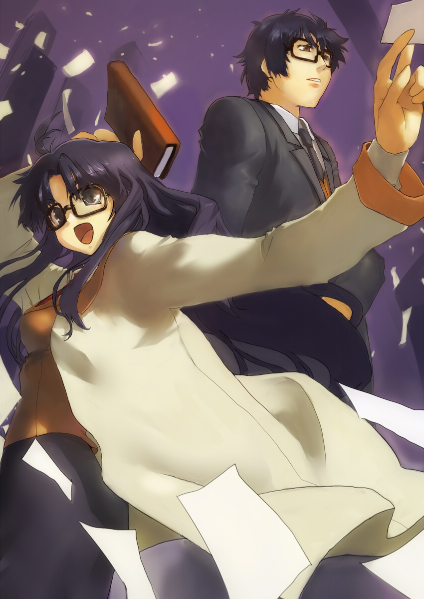 bob (biyonbiyon), yomiko readman, read or die, highres, 00s, 1boy, 1girl, :d, black-framed eyewear, black hair, blush, card, coat, cowboy shot, dual persona, genderswap, genderswap (mtf), glasses, glowing, long sleeves, open mouth, semi-rimless eyewear, short hair, smile, sweater, under-rim eyewear, upper body, winter clothes, winter coat