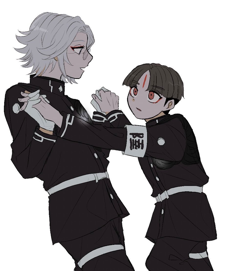 nana (7starssovereign), aotsuki eito, maruko gaku, the hundred line -last defense academy-, commentary, english commentary, 2boys, armband, black hair, black jacket, black pants, cowboy shot, eyeliner, facial mark, forehead mark, gakuran, glasses, gloves, grey hair, height difference, holding hands, interlocked fingers, jacket, last defense academy school uniform, looking at another, makeup, male focus, multiple boys, pants, parted lips, purple eyes, red eyeliner, red eyes, school uniform, short hair, simple background, smile, white armband, white gloves, yaoi