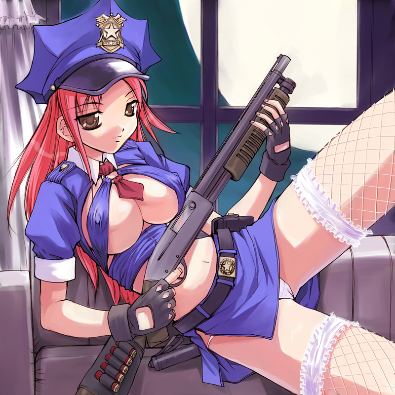 akiyoshi yoshiaki, original, 1girl, adapted uniform, belt, breasts, brown eyes, cleavage, covered erect nipples, female focus, fingerless gloves, fishnet thighhighs, fishnets, full moon, gloves, gun, hat, large breasts, lingerie, long hair, midriff, miniskirt, moon, night, no bra, panties, peaked cap, pink hair, police, police uniform, policewoman, pump action, red hair, remington 870, shotgun, skirt, solo, thighhighs, underboob, underwear, weapon, white panties, window