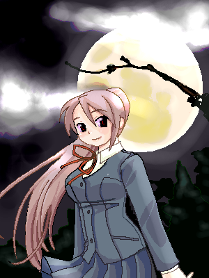 lowres, tagme, long hair, moon, oekaki, ponytail, ribbon, solo